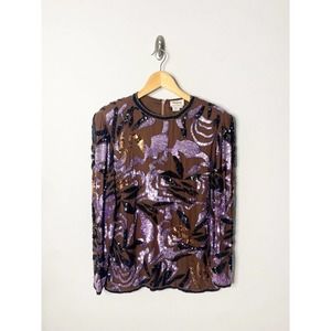 Oleg Cassini Brown Black Sequin Top Women's Size M Vintage Metallic Floral
